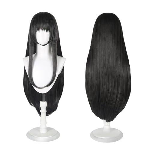 YONGCANWIG Cute Halloween Long Black Anime Cosplay Wig 2 Hair Caps + Wig Long Black Straight Synthetic Hair with Bangs for Parties and Cosplay Events for Women and Teen Girls