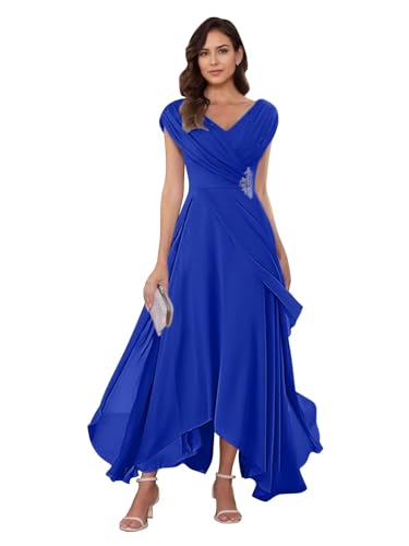 Tea Length Mother of Bride Dresses Long Ruchd V Neck Formal Wedding Guest Dress for Women