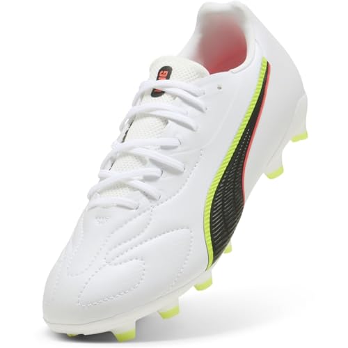 PUMA King 20 Match FG/AG JR Chaussures de Football, Blanc/Rouge et Jaune Alerte, Pointure 45, Puma Alerte Blanche, Rouge, Jaune, 34 EU