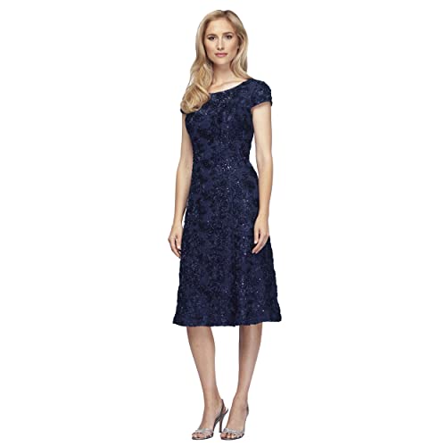 Alex Evenings Women's Tea Length Dress with Rosette Detail (Petite and Regular), Navy, 14