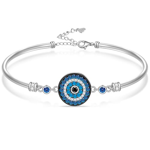 Evil Eye Bracelets 925 Sterling Silver Blue Evil Eye Bracelet for Women Mothers Day Gifts Greek Dainty Bangle Circular Good Luck Adjustable Protection Jewelry