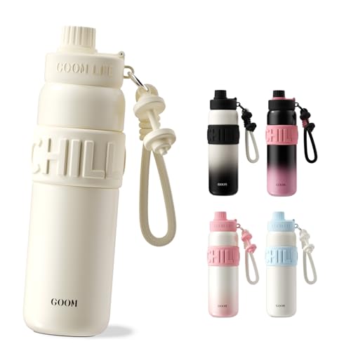 GOOM 水筒 680ml 保冷ボトル 31603 ステンレスボトル ストロー付き水筒 大容量 真空断熱 ストラップ 付き シームレス 魔法瓶 漏れ防止 洗いやすい オシャレ 携帯便利 ライトスポーツ アウトドア (ホワイト)