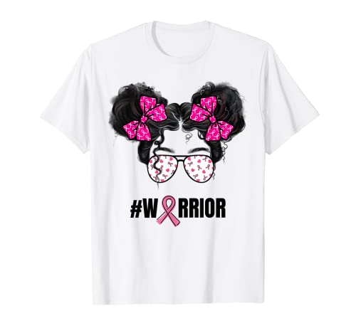 Messy Bun Warrior Pink Glasses Concienciación sobre el cáncer de mama Camiseta