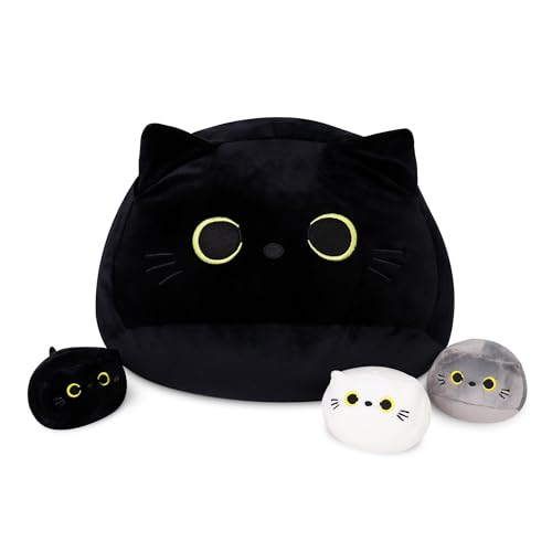 Image of WeBingo Black Cat Plush Toy 4-Piece Set, 16'' Giant Cat Stuffed Animal Plushies Pillow with 3 Babies for Girl Boy Kid Adult, Large Big Soft Gift for Birthday Christmas Valentine's Day Home Decor