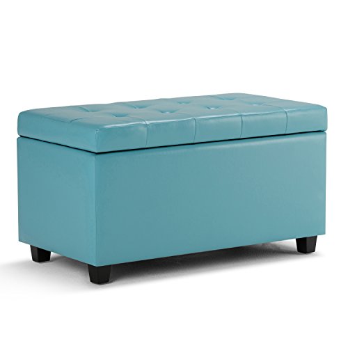 Simpli Home Cosmopolitan 34 inch Wide Rectangle Lift Top Storage Ottoman in Upholstered Soft Blue Tufted Faux Leather, Footrest Stool, Coffee Table for the Living Room, Bedroom and Kids Room