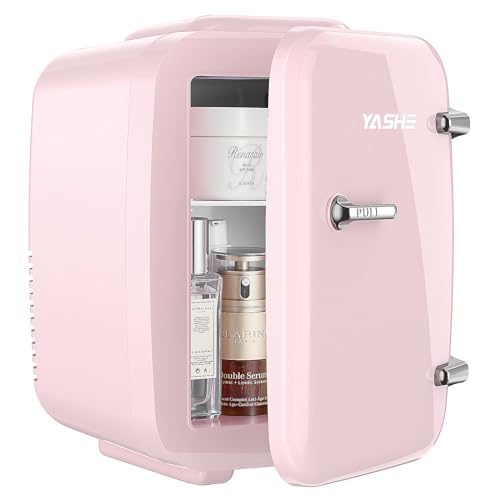 YASHE Mini Nevera, 4L Comética Pequeña Nevera para Dormitorio, CA 220V/ CC 12V para Coche, Enfriar y Calentar para Dormitorio, Portátil para Oficina, Escritorio (Rosa)