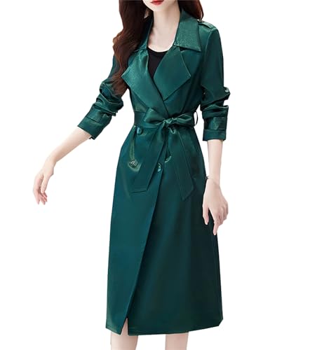Betusline Women's Satin Trench Coats Double-Breasted Long Coat with Belt