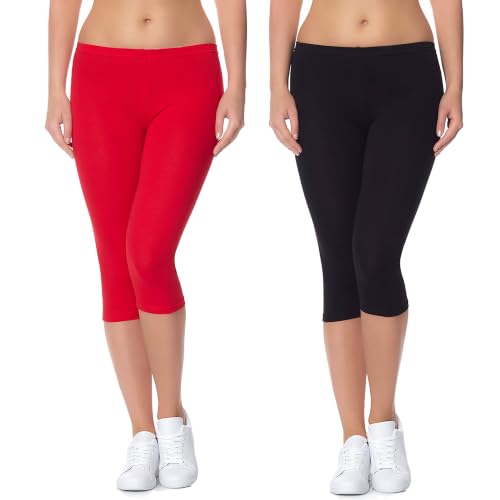 Image of Women's 3 /4 Calf-Length Leggings - Stretchable Cotton Blend, Comfortable Everyday Wear Pack of 2