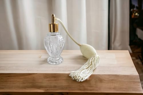 Divo Glass Bottle Empty Refillable Perfume Fragrance Atomizer, 46ml, with Ivory Tassel Spray and Gold Fitting. Funnel Included