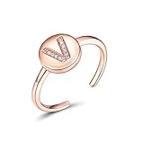 CRYSLOVE Anillos de Letras para Mujer 925 Plata de Ley Oro Rosa A-Z Iniciales de Nombre Anillo Abierto con Zirconia Cúbica,Talla Ajustable,con Caja de Regalo