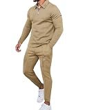 LecGee Men's Zipper Polo suits Jogging Sweatsuits 2 Piece Golf Long sets Winter Tracksuit Casual Daily(Khaki,XXL)
