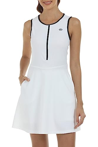 JINSHI Vestido Tenis Golf Mujer con Pantalones Cortos Verano Sin Mangas Casual Vestidos Atlético Deportivos con Bolsillos Blanco Talla L