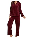 Floerns Women's Velvet Pajama Set Long Sleeve Button Shirts with Pants Lounge Sleepwear Burgundy Large