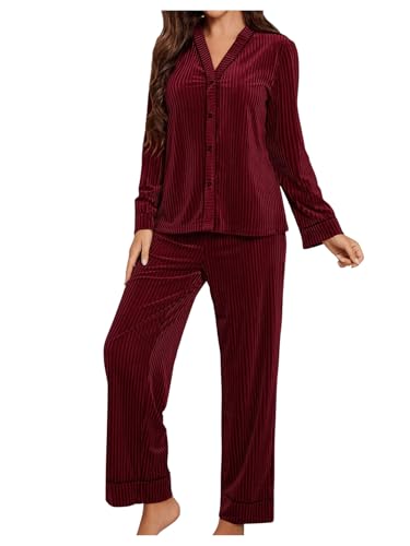 Floerns Women's Velvet Pajama Set Long Sleeve Button Shirts with Pants Lounge Sleepwear Burgundy Large