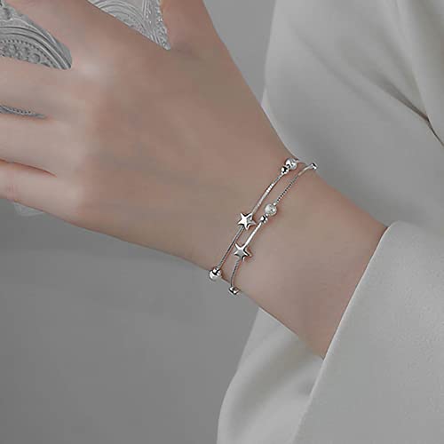 Pulseira feminina de prata 925 libras esterlinas, pulseira de dupla camada com design de estrela, jó