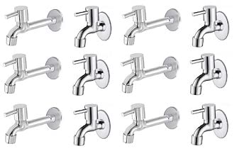 Spazio Stainless Steel Turbo Bib Cock with Long Body Combo Pack Foam Flow Water Taps with Wall Flange (Pack of 6) (Chrome Plated, Brass Disc)