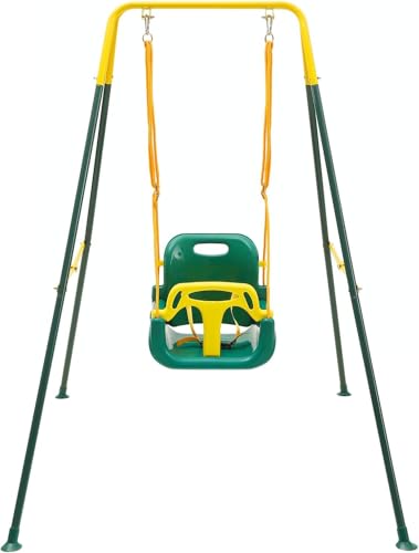 Image of FUNLIO Toddler Swing with Foldable Metal Stand for Toddlers Aged 1~10 Years, 3-in-1 Baby Swing Set with 4 Sandbags for Backyard/Indoor/Outdoor Play, Easy to Assemble & Store, Green