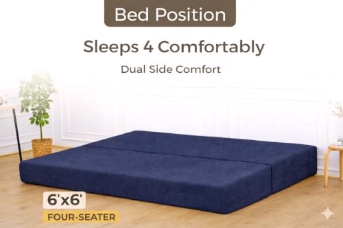 Image of Coirfit (4-in-1 Four Seater Sofa Cum Bed (1 Year Warranty) with 4 Free Cushions | Folding Sofa, Bed, Lounger, Diwan | Removable Washable Cover | Compact & Lightweight -Dark Blue 6x6 Feet