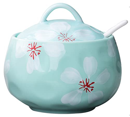KKgud Sucrier en céramique de style japonais, pot à condiments, pot à épices, pot à condiments en céramique - Motifs de fleurs blanches (vert) Cover
