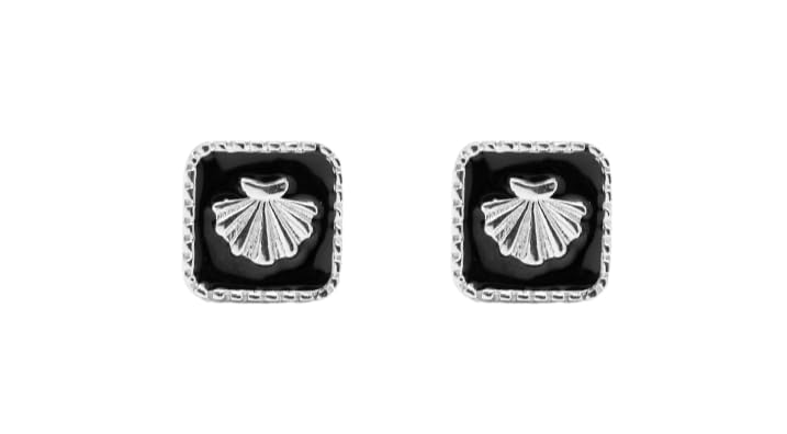TALISMAN JEWELLERY Pendientes de Plata 925 y Esmalte Negro con cierre de Tuerca Botón - Concha del Camino de Santiago (10 MM de pieza)