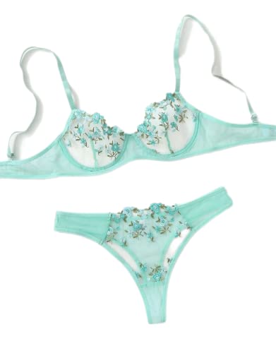 Flamingals Women's Two Piece Floral Sheer Lace Lingerie for Women Underwear Bra and Panty Set S Green
