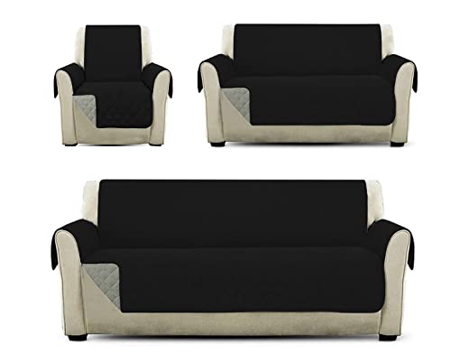 Recopilación de Juegos de sofás los mejores 5. 41 Melocotton Juego de Protector Cubre Sala Doble Vista Capitonado Sin Hilos, Fresco y Ligero, Incluye: Protector de Sofá, Love Seat y Sillón Individual. Reversible para Sala (Negro...