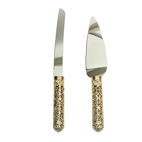 Jozen Gift Gold Cake Knife And Server Set - 2 Piece Dessert Set Metal Handle With Crystal Stones Decoration For Wedding, Anniversary Party Birthday Banquets And Gifts For Bride And Groom #TOP2