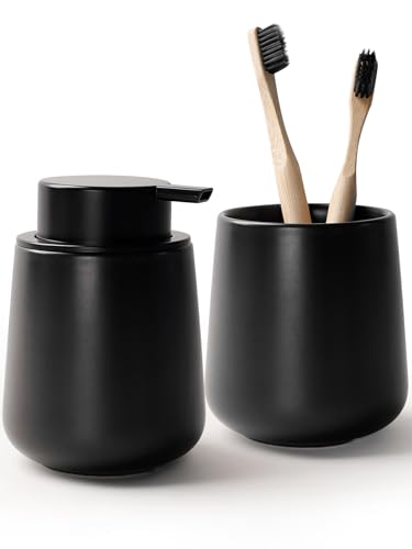 Image of Bosilunlife Soap and Toothbrush Holder Set - Ceramic Bathroom Accessories Set Black Foaming Hand Soap Dispenser Set Bathroom Counter Toothbrush Holder and Soap Dispenser Set
