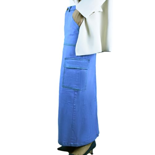 Autumn Women's Anklet Length Denim Skirts OL Cargo Skirts A-Line Stretch High Waist 4 Pockets Jean Skirts Casual Wearing Blue