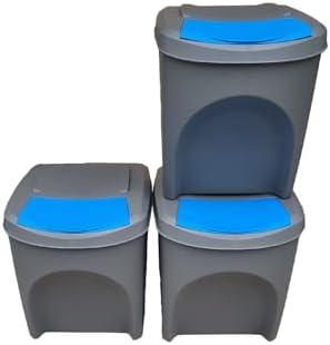 Stolmet Large Stackable Recycling Bins Set of 3x25L (Brand KrysGo) - Customizable Lids with Recycling Stickers - Waste Sorting for Home, Kitchen, Office (Grey + Blue)