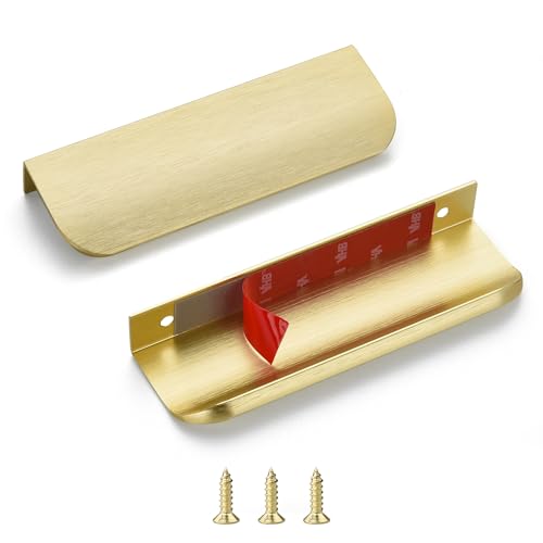 sunlithor Edge Finger Pulls for Cabinets Peel and Stick on Kitchen Drawer Pull Hidden Invisible Flat Self Adhesive No Drill Handle Pack of 10 Brushed Brass 4.72 inch Overall Length Easy Installation