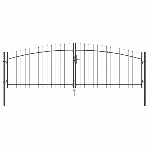 vidaXL Puerta de jardín con diseño de lanza, doble batiente, color gris, 4 x 1.25 m | Hecha de acero, moderna, duradera y resistente a los UV, ideal para exteriores, terraza y como barrera decorativ