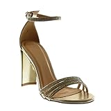  Angkorly - Zapatillas Moda Sandalias Correa de Tobillo Mujer Strass Diamante Tacón Ancho Alto 10 CM - Oro 8 628-170 T 40