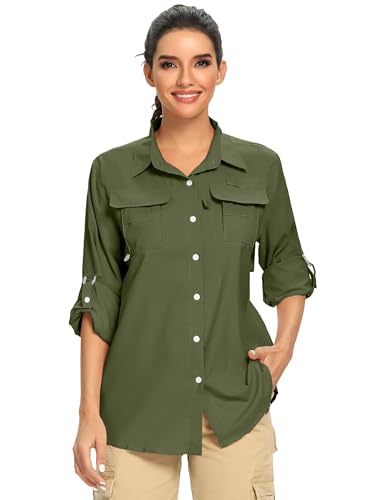 Women's Long Sleeve Shirts UPF 50+ UV Sun Protection Safari Shirt, Outdoor Cool Quick Dry Fishing Hiking Gardening PGF Clothes #5055-Army Green-M