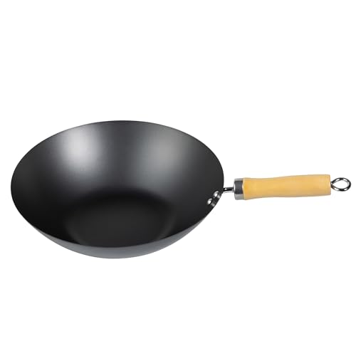 Jazooli Carbon Steel Wok Non Stick - Carbon Wok Cooking Pot with Wooden Handle, Large Frying Pan, Wide Flat Base, for Electric and Gas Hobs, 3 Sizes (25cm 2.5L, 30cm 3L, 35cm 5L)