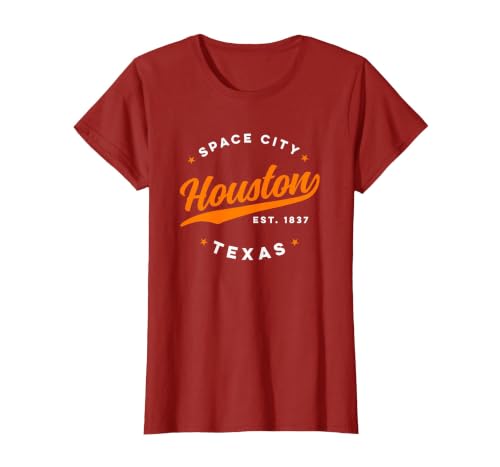 Vintage Houston Texas Space City Orange Text T-Shirt, Women, Cranberry Red, X-Small