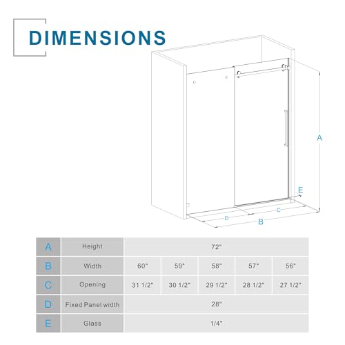 56-60\" W x 72\" H Frameless Sliding Shower Door, 1/4\" (6mm) Thick SGCC Tempered Clear Glass with Easy-Clean Coating - 304 Stainless Steel Parts, Silent Smooth Sliding, Waterproof, Chrome