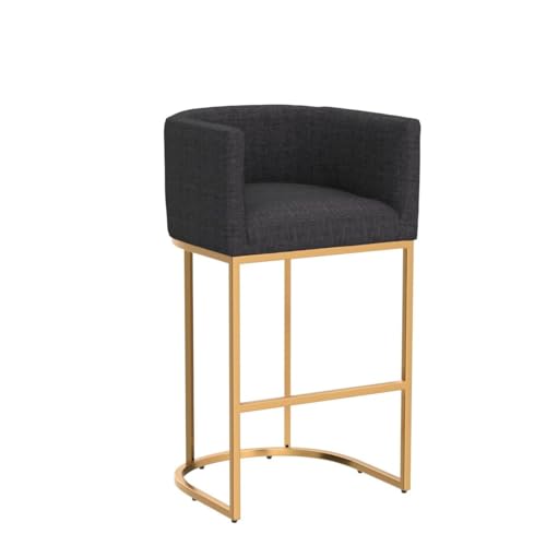 Image of HNY Modern Barrel Counter Height Clearance Bar Stool, 32 Inch Linen Kitchen Barstool with Back for Island, with Gold Metal Tubular Frame, Charcoal