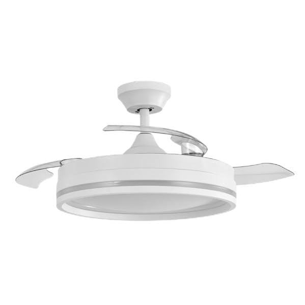 Brightium Ventilador Cerrato DC blanco de 72W, 3 aspas plegables, silencioso (107dB), 7200 lm, 6 velocidades y luz regulable (3000K a 6000K). Incluye control remoto, temporizador y memoria.
