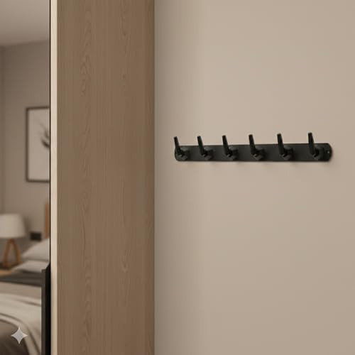 Image of Modern Design Cloth Hanger for Wall /6 Hook Dress Hanger for Door Mount /Bathroom Hooks for Hanging (Black Finish) Pack of 4-| 3 Years Warranty |
