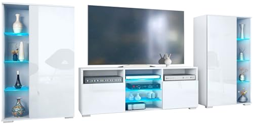 Vladon Wohnwand Davos, Anbauwand bestehend aus 2 Vitrinen und 1 TV-Board, Weiß matt/Weiß Hochglanz inkl. LED-Beleuchtung (329 x 134 x 35 cm)