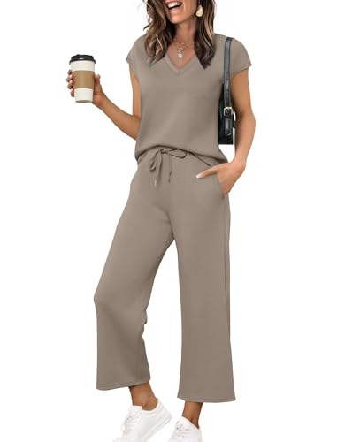 Image of Saloogoe Two Piece Sets for Women Summer Outfits Lounge Sets V Neck Tops Wide Leg Pants Woman Vacation Travel Outfits