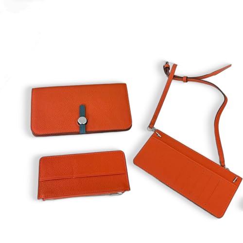 3-in-1 Long Women's Wallet Large Capacity - Cow Leather Organizer with Phone Pocket, Zippered Compartments (Orange-B)
