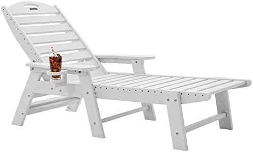 Chaise Lounge for Outdoor, Patio Lounge Chairs for Outside, Chaise Lounge Chair with 6 Positions, HDPE Lounge Chair with Cup Holder for Pool Poolside Deck Backyard Lawn, White