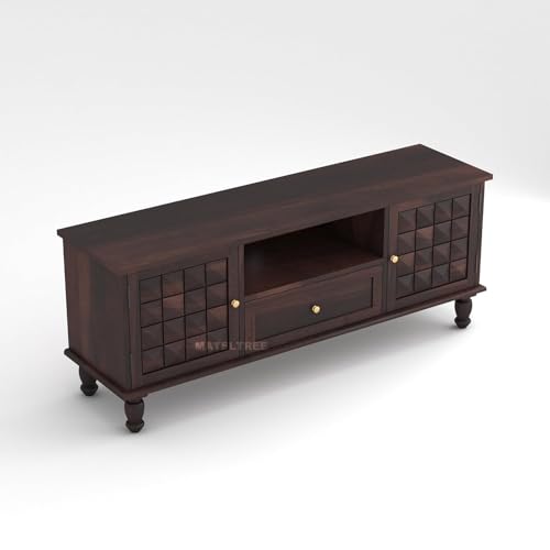 Image of Sheesham Wooden TV Unit for Living Room 55+ Inch Furniture - WoodenTV Unit with Drawer Shelves & 2 Door Wooden TV Cabinet for Living Room - Fits up to 55-Inch TV (James, Walnut Finish)