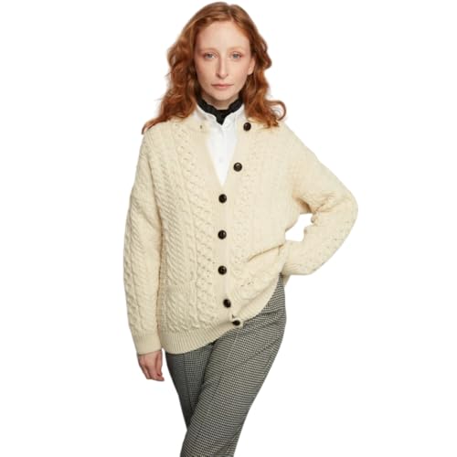 Aran Woollen Mills Achill Island Aran Cardigan für Damen, 100% Merinowolle, authentische irische Strickjacke, hergestellt in Irland, Cream, XX-Large Aran Woollen Mills Achill Island Aran Cardigan für Damen, 100% Merinowolle, authentische irische Strickjacke, hergestellt in Irland, Cream, XX-Large
