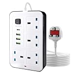 Maqash extension lead with usb slots 2500W -2m long cable - copper clips - 13A 220V - multi usb plug Cord UK - power strip with USB Socket, 8 in 1 mobile charging USB C PD 5V/2.1A