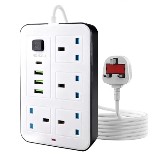 Maqash extension lead with usb slots 2500W -2m long cable - copper clips - 13A 220V - multi usb plug Cord UK - power strip with USB Socket 8 in 1 mobile charging USB C PD 5V/2.1A