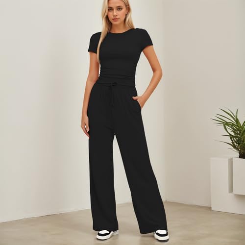 KOEMCY Ensemble Femmes Élégant Deux Pièces Été Décontracté Slim Fit Short Sleeve Top et Cordon Pantalon avec Poches Survêtement Suit Loungewear Set Casual Outfit (Noir,S) – vue 3