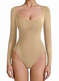 Avidlove Nude Bodysuit for Women Body Suits for Womens Double Lined Long Sleeve Tops Scoop Neck Bodysuit(Khaki,S)